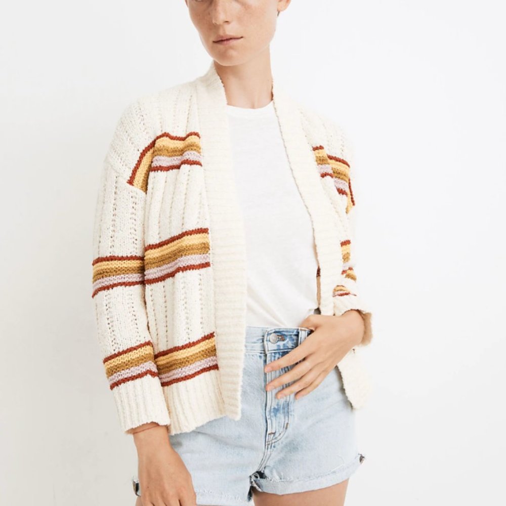 Madewell Striped Diaz Rainbow Cardigan Open Chenille Retro Coastal Earthy-XXS